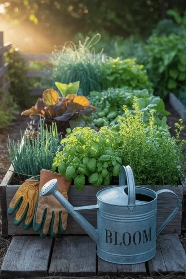 2 Raised garden bed with basil, gloves, and watering can at sunrise β modern cedar planter box.