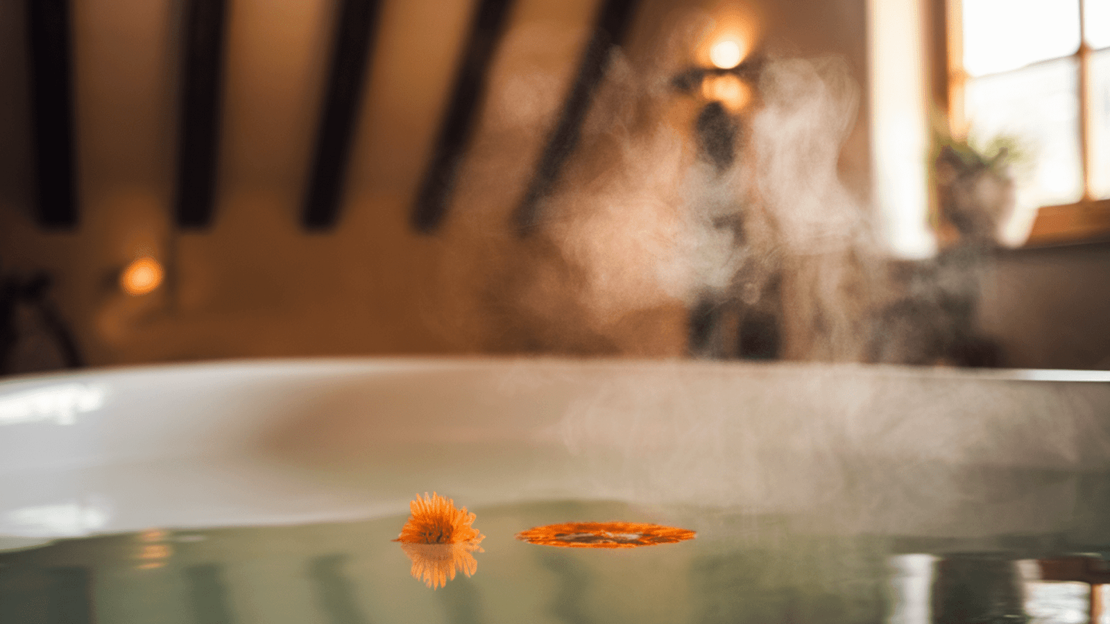 a bathtub filled with warm water, a single calendula flower floating on the surface, steam rising, soft warm lighting