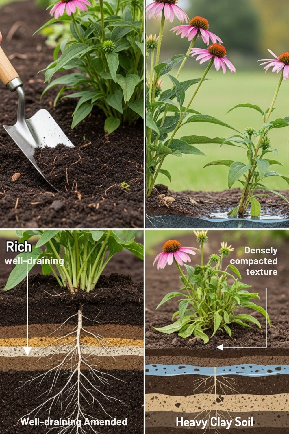 Well-draining soil amendment for winterizing echinacea plants in clay soil