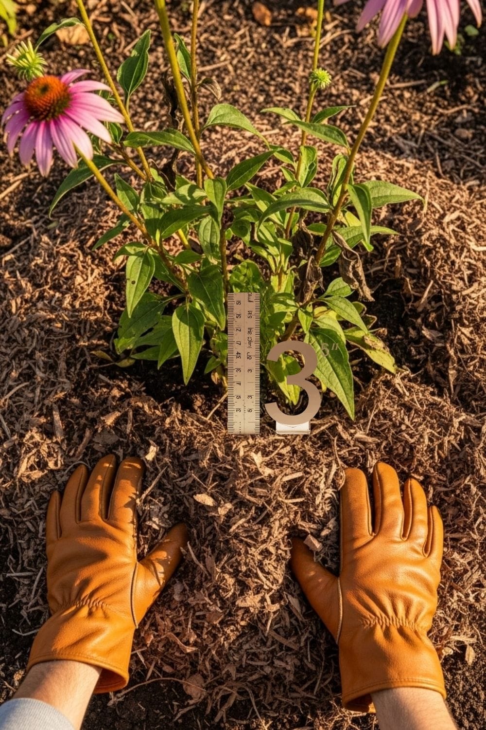 3-inch deep layer of shredded brown leaf mulch being spread around plant base.