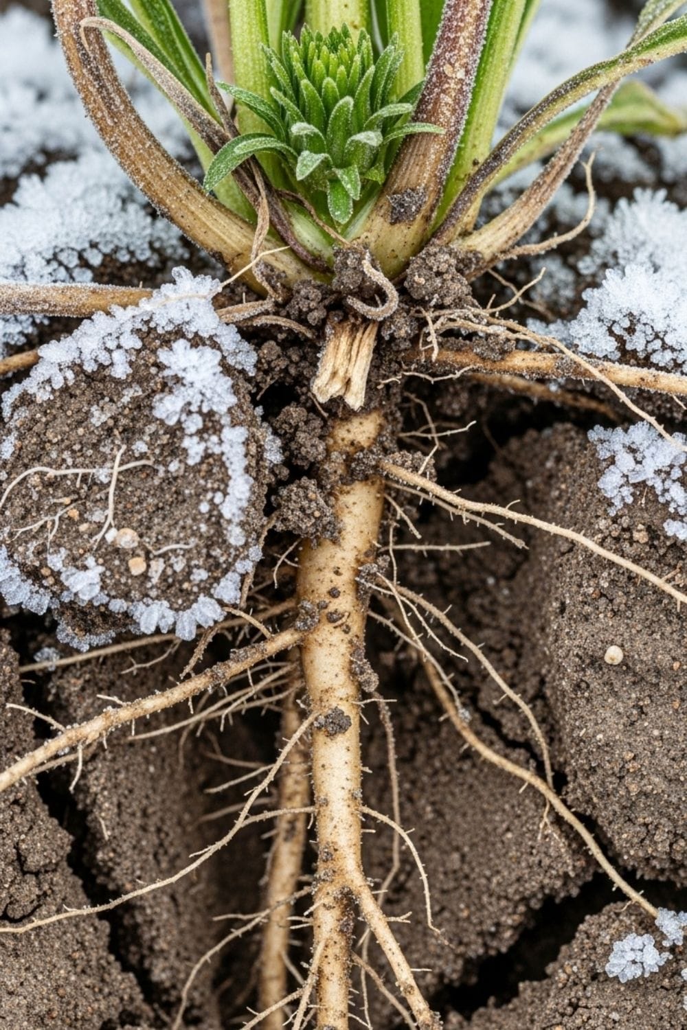Echinacea plant crown and root system vulnerable to winter frost heave