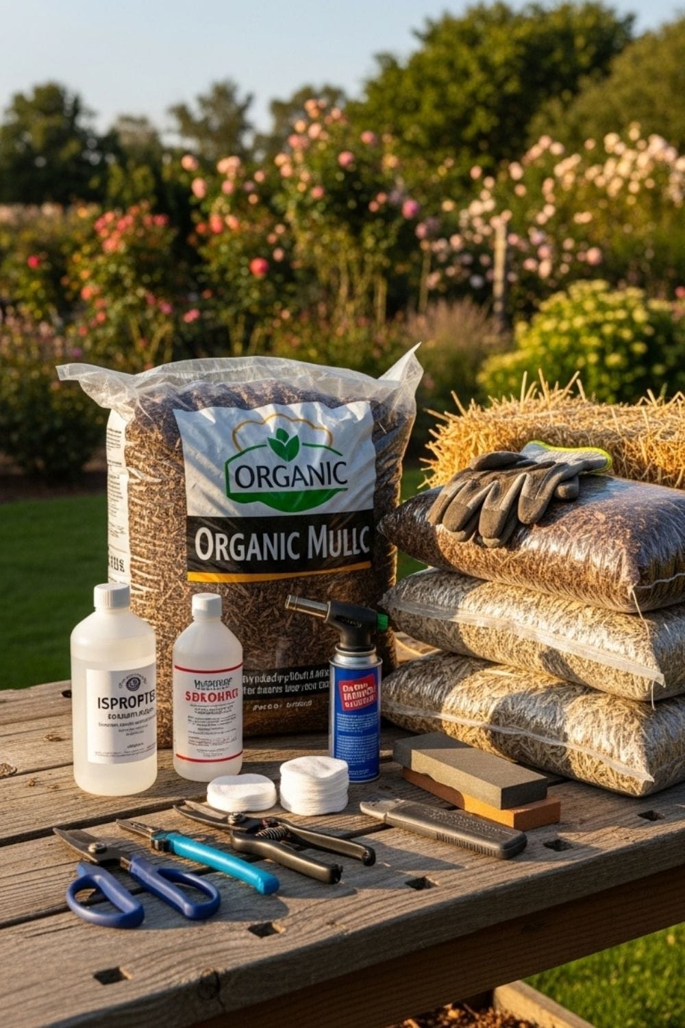 Essential tools for winterizing echinacea plants including pruners and mulch