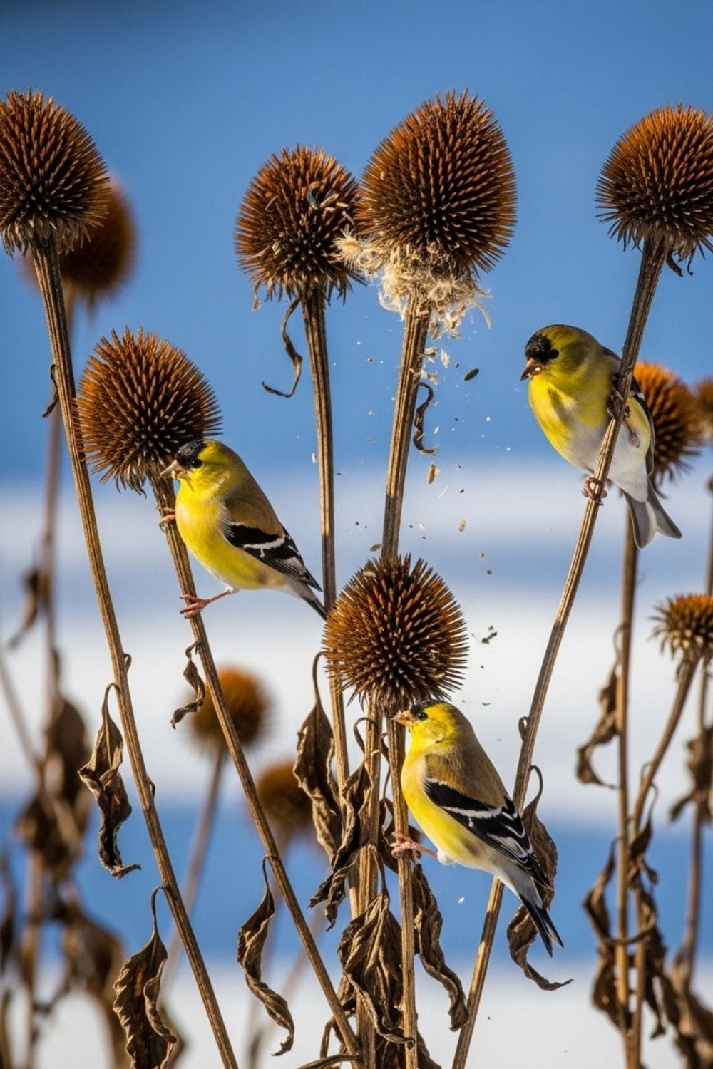 Standing echinacea seed heads providing winter food for birds