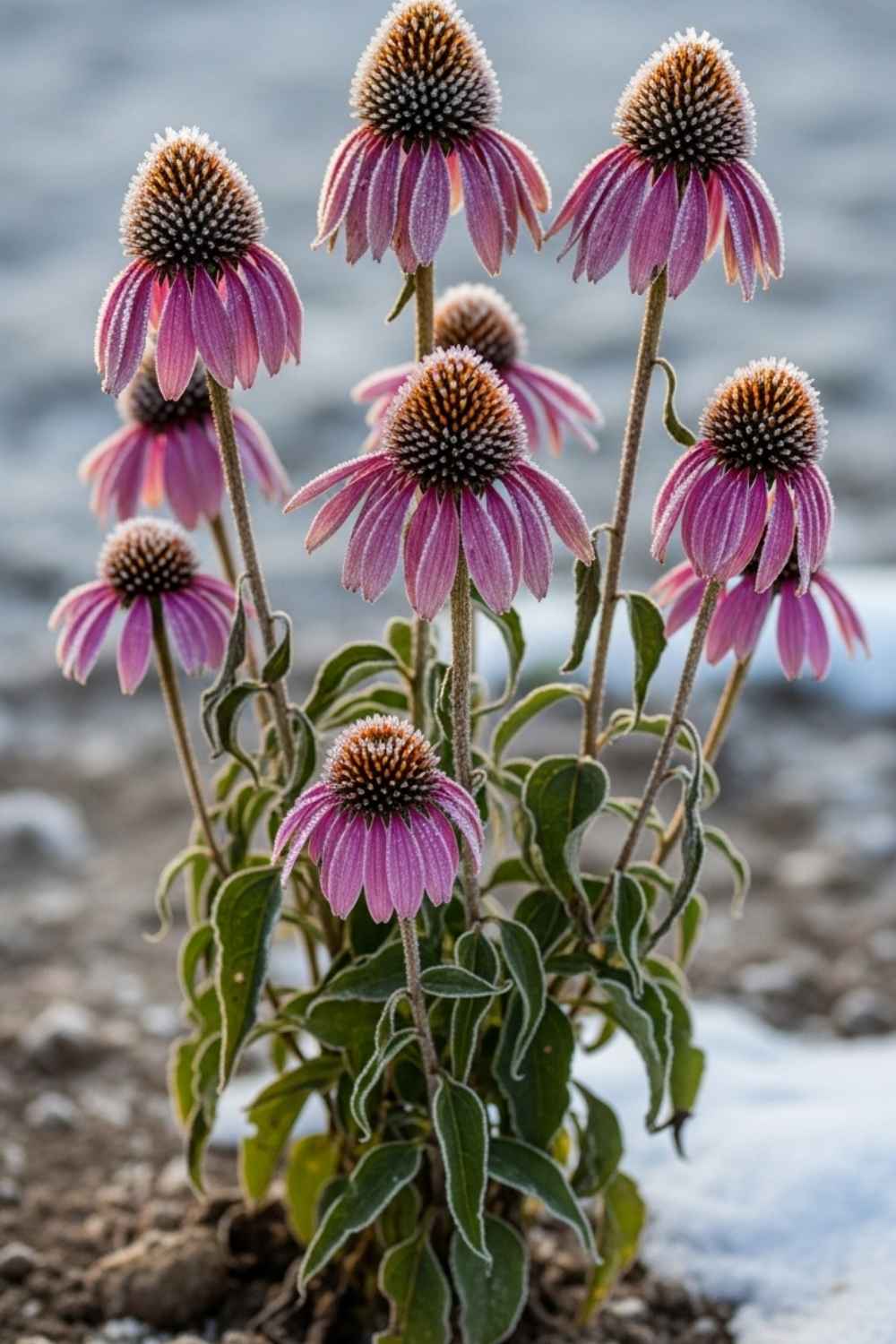 Winterizing echinacea plants with frost covered purple coneflowers in garden