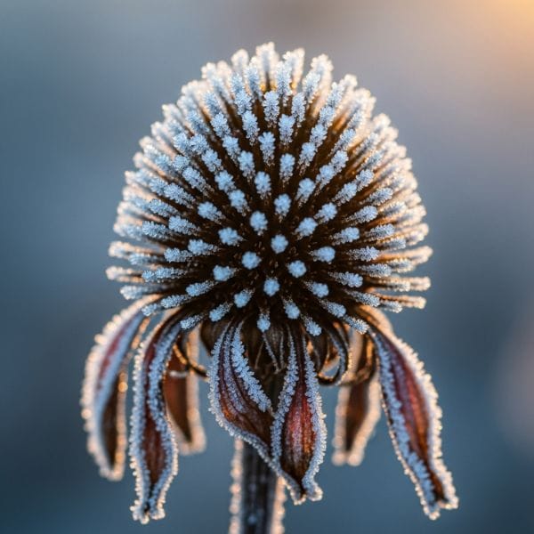 close up of a coneflower in the winter