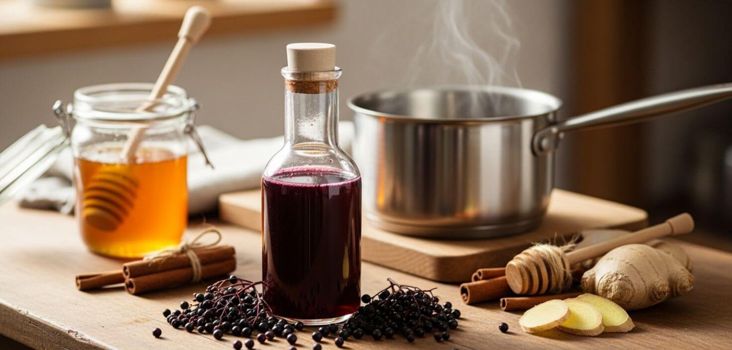 Homemade elderberry syrup for beginners with dried berries and honey