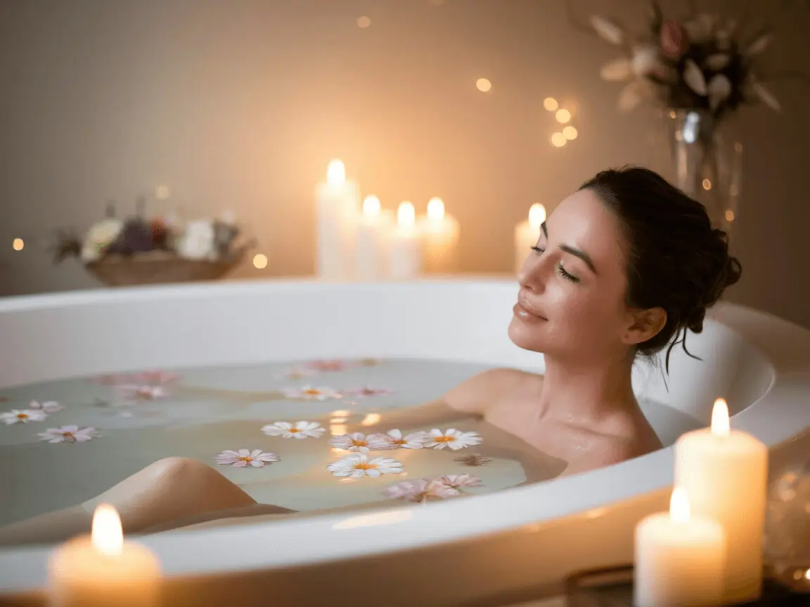 a bathtub filled with warm water, a single calendula flower floating on the surface, steam rising, soft warm lighting
