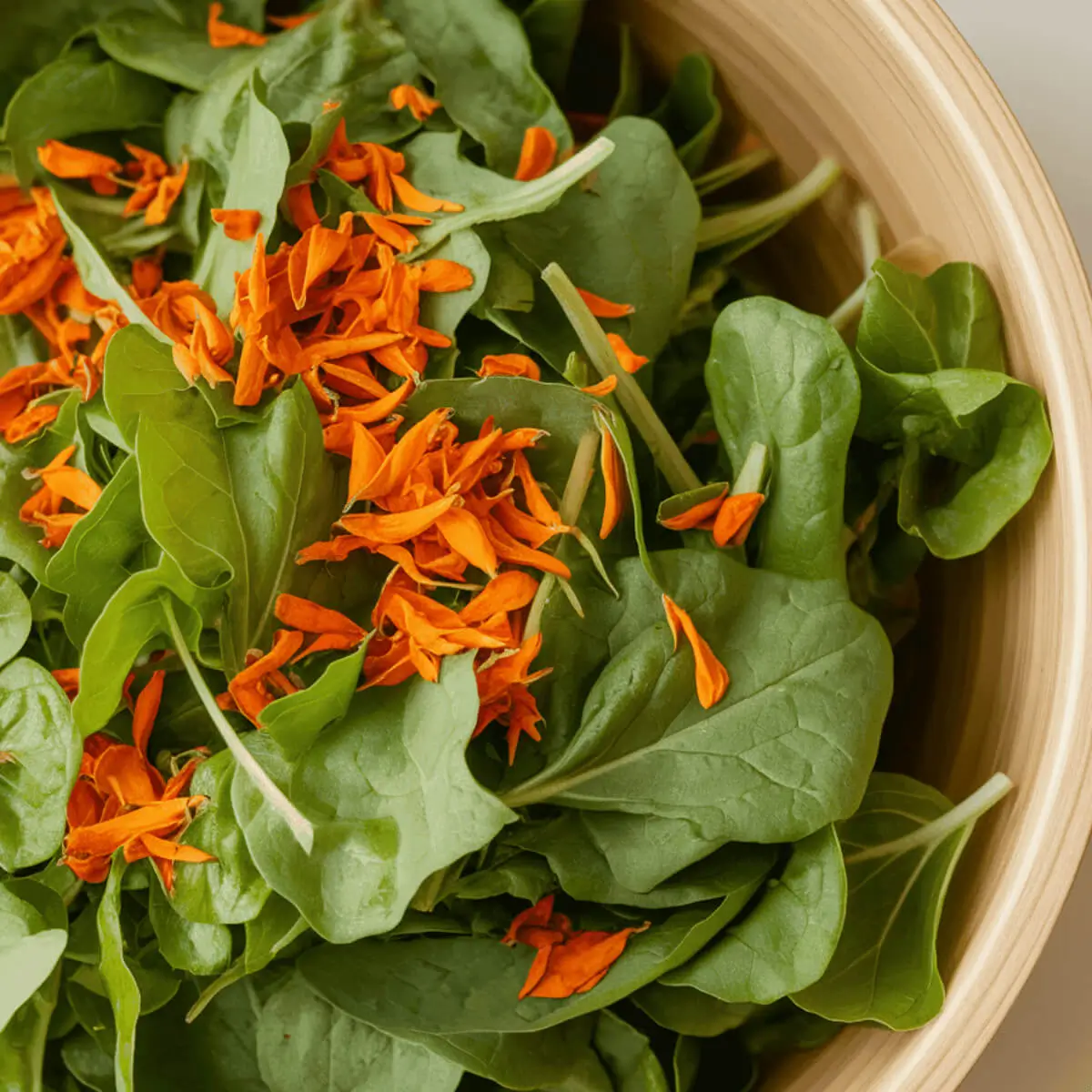 organic edible flowers garnishing a salad