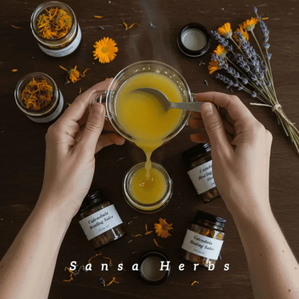 pouring calendula salve ingredients in a tin