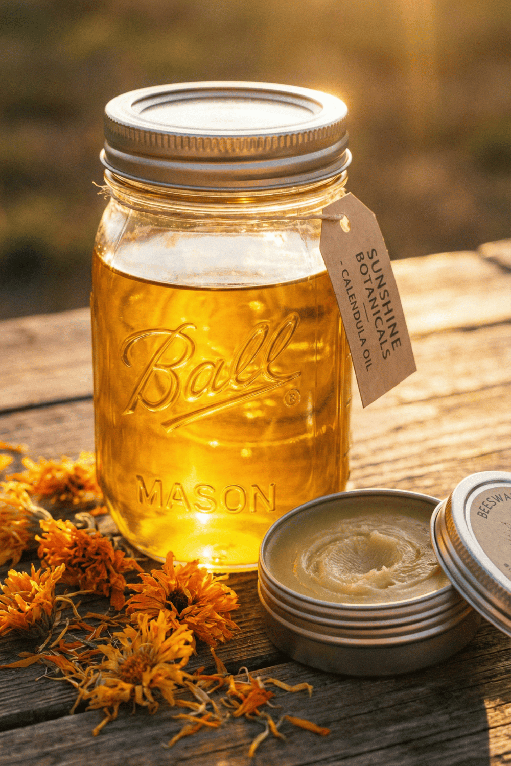 calendula salve recipe image of oil, salve and flowers