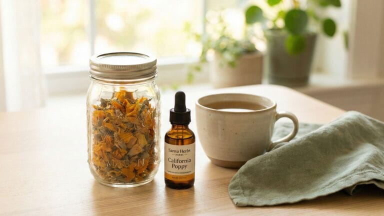 california poppy for anxiety cup of tea, tincture and dried flowers