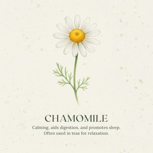 Chamomile Soothes digestive issues and encourages restful sleep. Traditionally used as a gentle, calming tea for both children and adults.