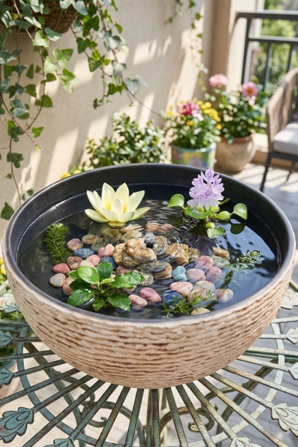 small, tabletop container water fountain with solar pump