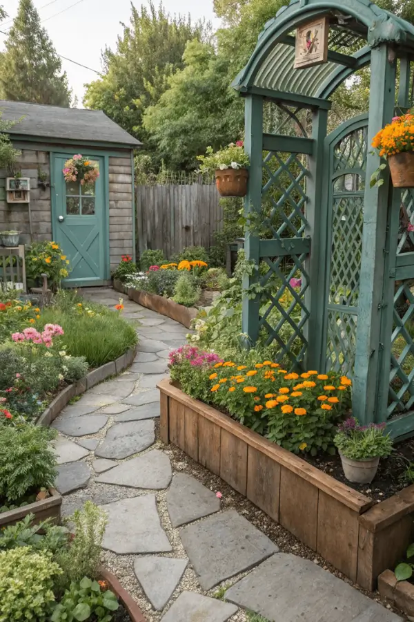 cottagecore raised garden beds filled with flowers