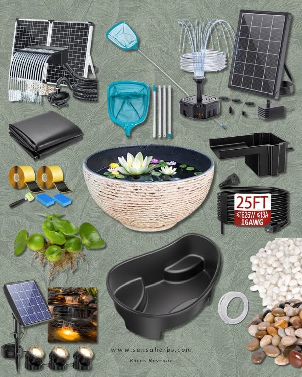 complete list of all products discussed in the blog, including fountains, pond lights, river stones, pond liner, tubing, pond net, and plants