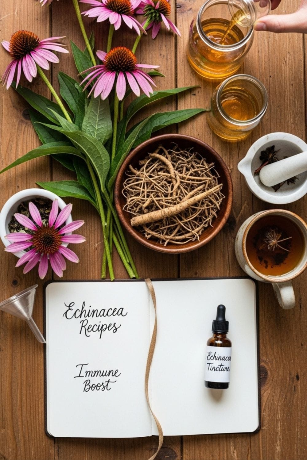 echinacea-tincture-recipes Flat lay of echinacea DIY remedies for beginners, showing fresh coneflowers, dried roots, tincture bottles, and herbal tea on a wooden table.