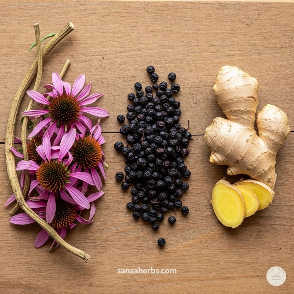 elderberry-ginger-echinacea-herbs echinacea, elderberry and ginger