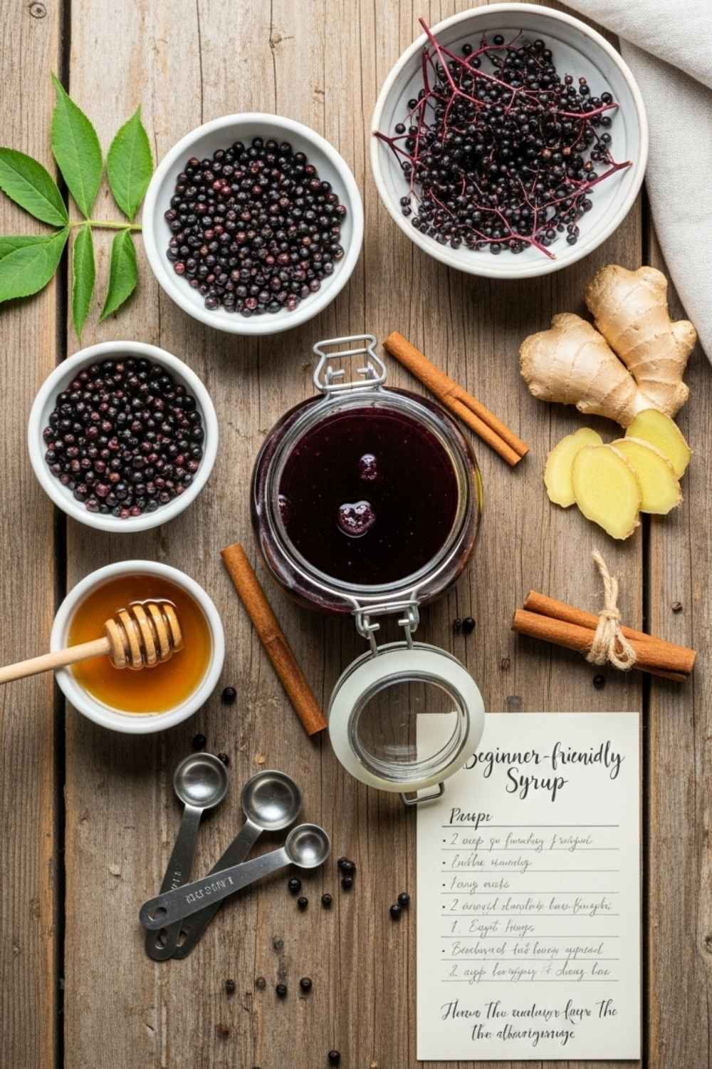 elderberry-syrup-recipe A flat lay of a homemade elderberry syrup setup with a glass jar of deep purple syrup, bowls of fresh and dried elderberries, honey, ginger slices, cinnamon sticks, and measuring spoons arranged on a rustic wooden table with soft natural light.
