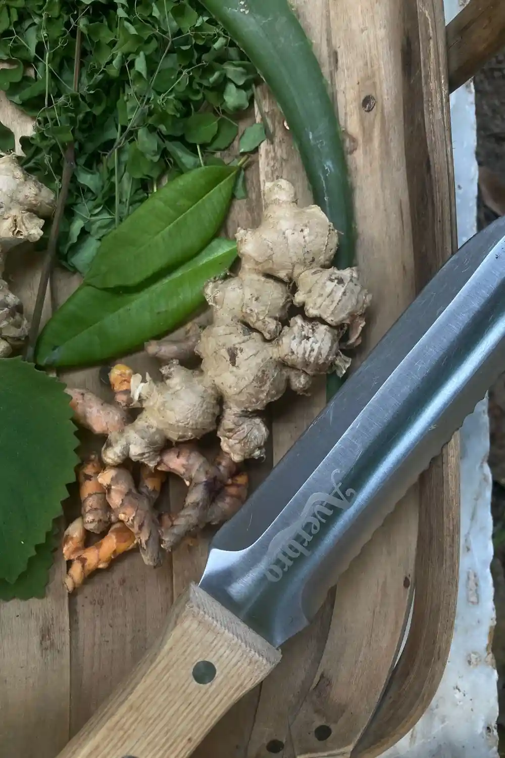 essential gardening tools (2) Hori Hori garden knife with a harvesters basket of herbs
