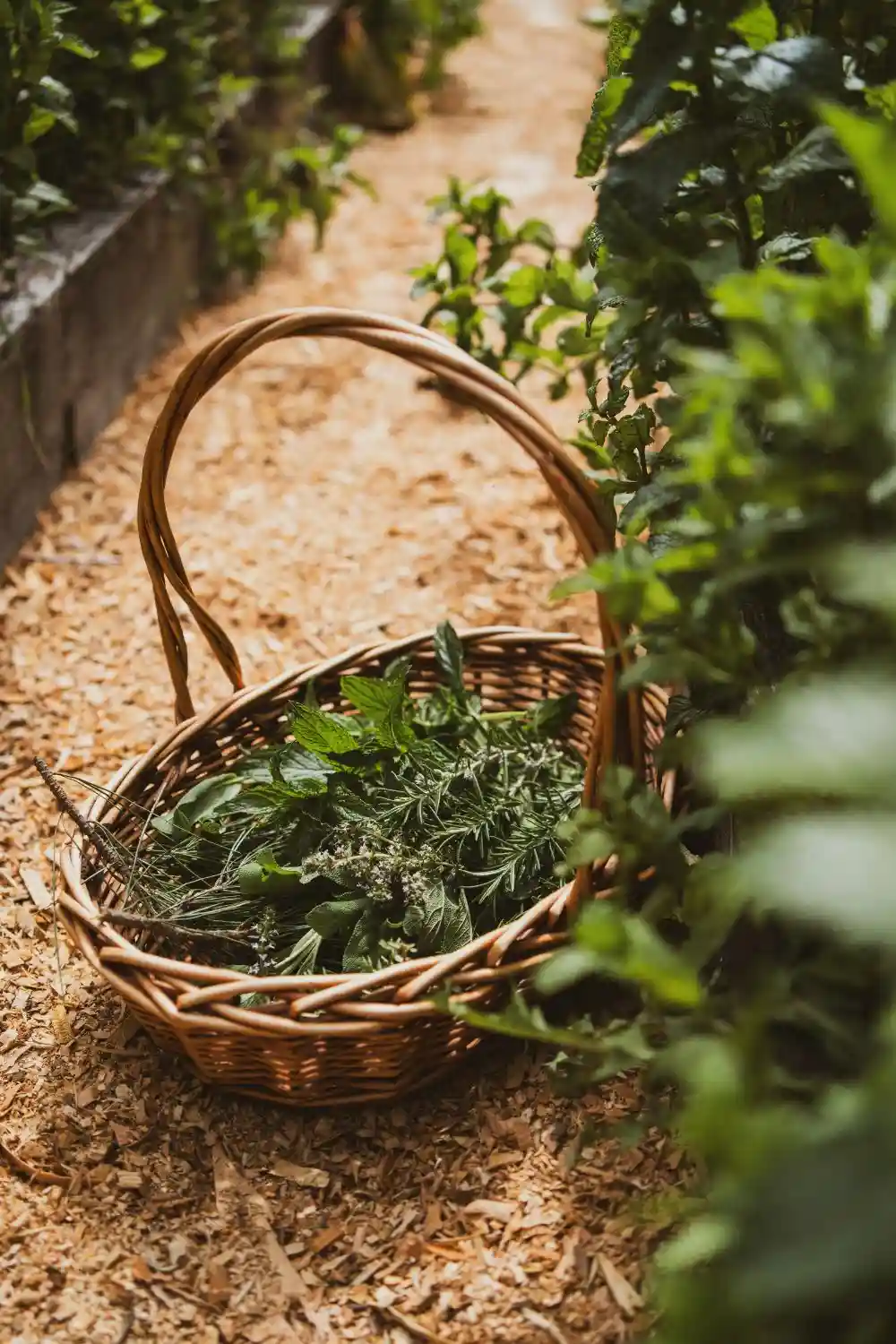 essential gardening tools (7) freshly harvested herbs in a wicker harvest basket