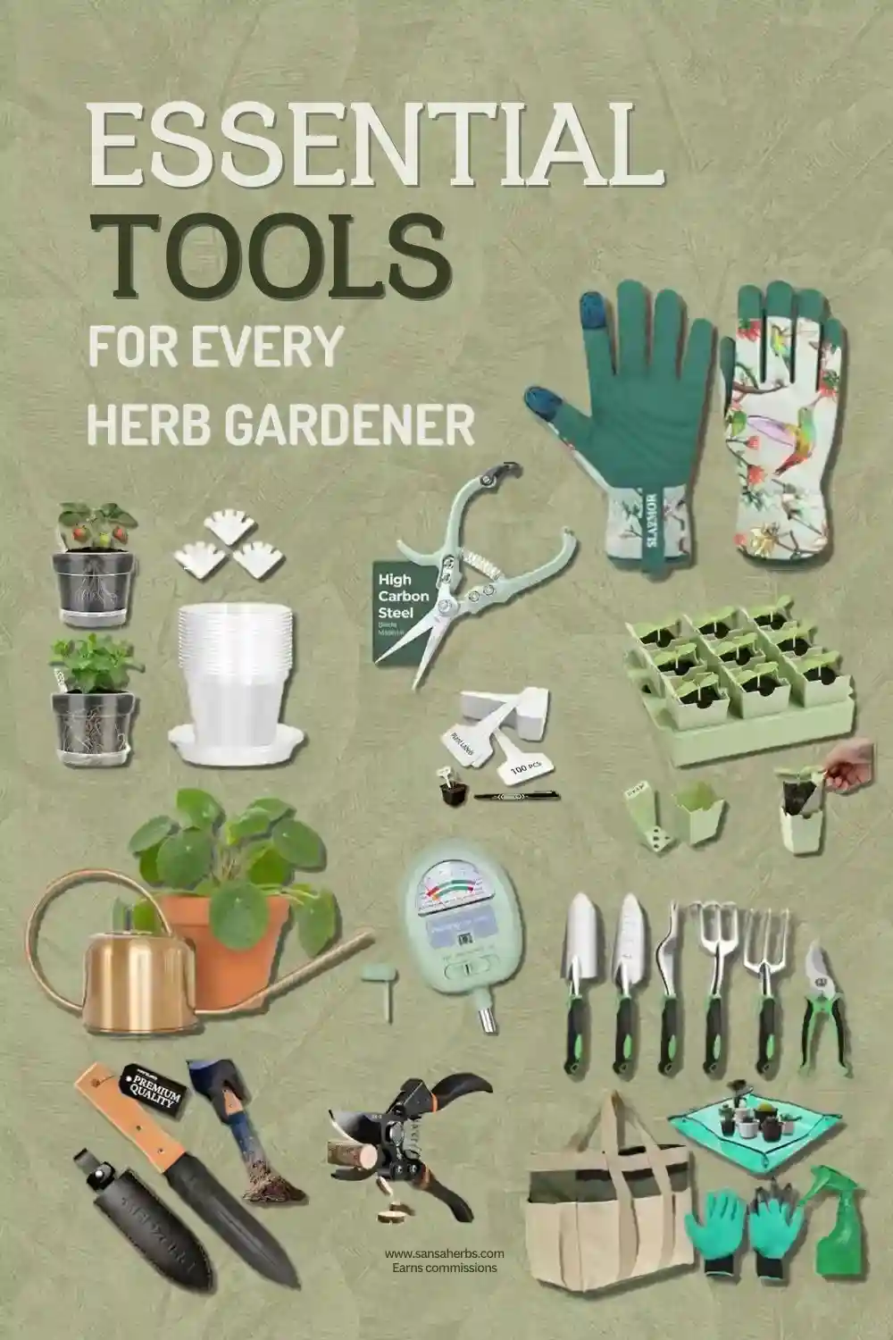 collage of essential gardening tools for herb gardeners
