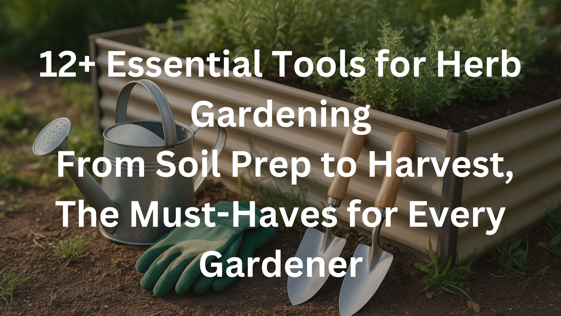 essential herb gardening tools beside a raised herb bed