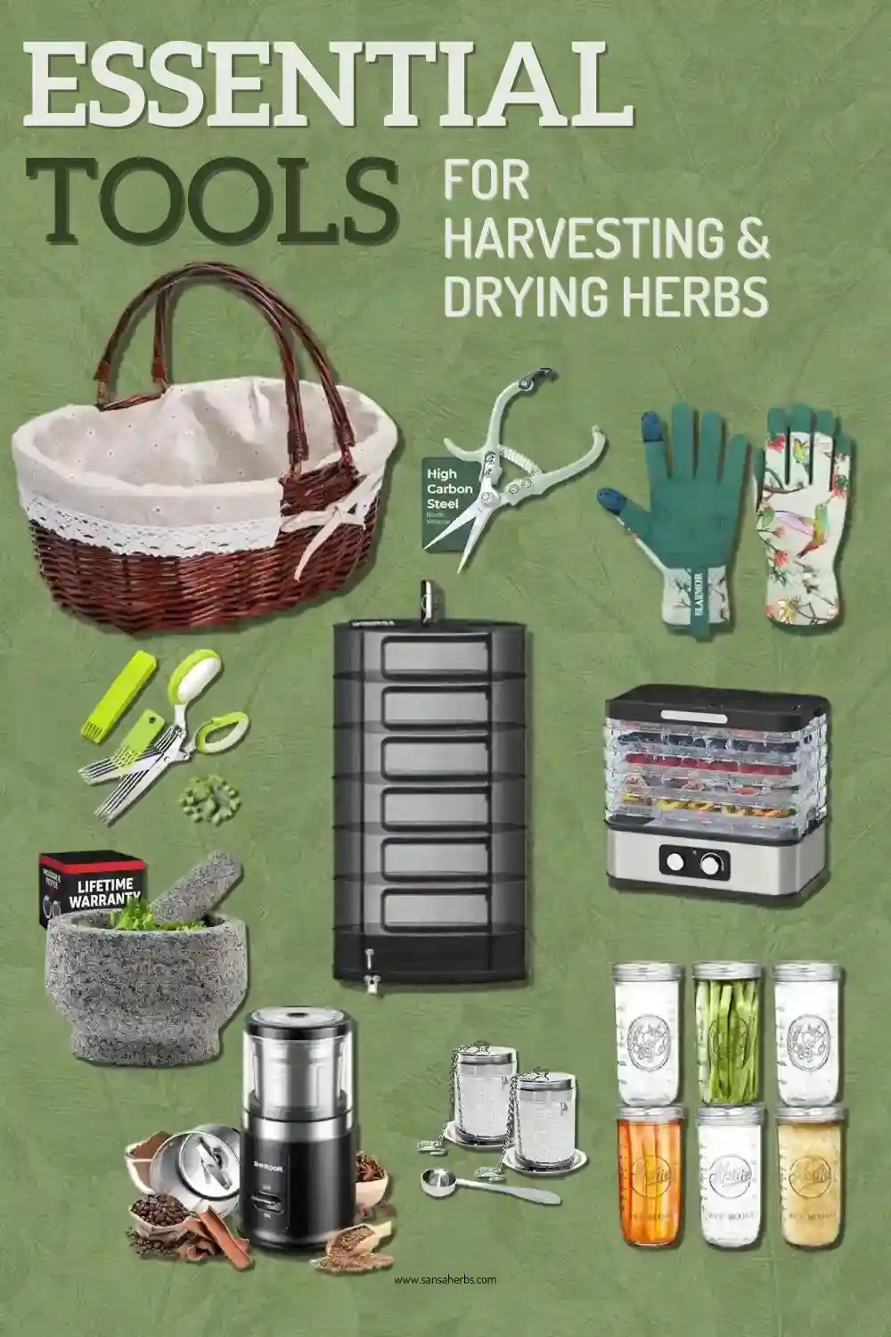 collage of essential herb harvesting tools, inclusive of harvesters basket, drying racks, dehydrator, grinder, storage