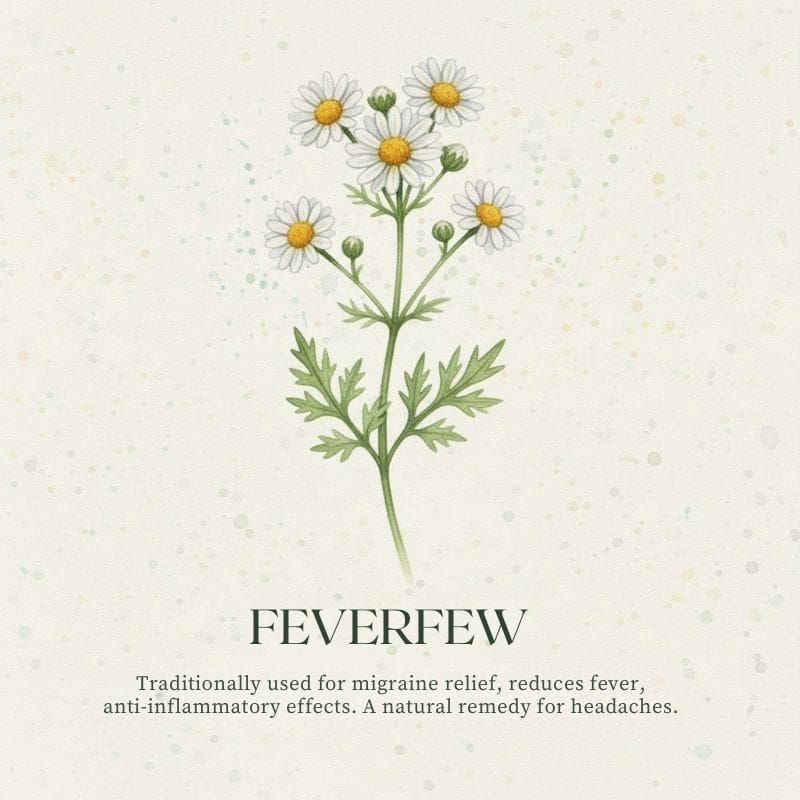 Feverfew herb illustration for Medicinal Garden Kit - natural relief for migraines and headaches.
