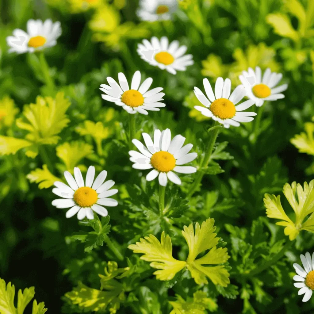closeup of growing feverfew from seed showing flowers and leaves