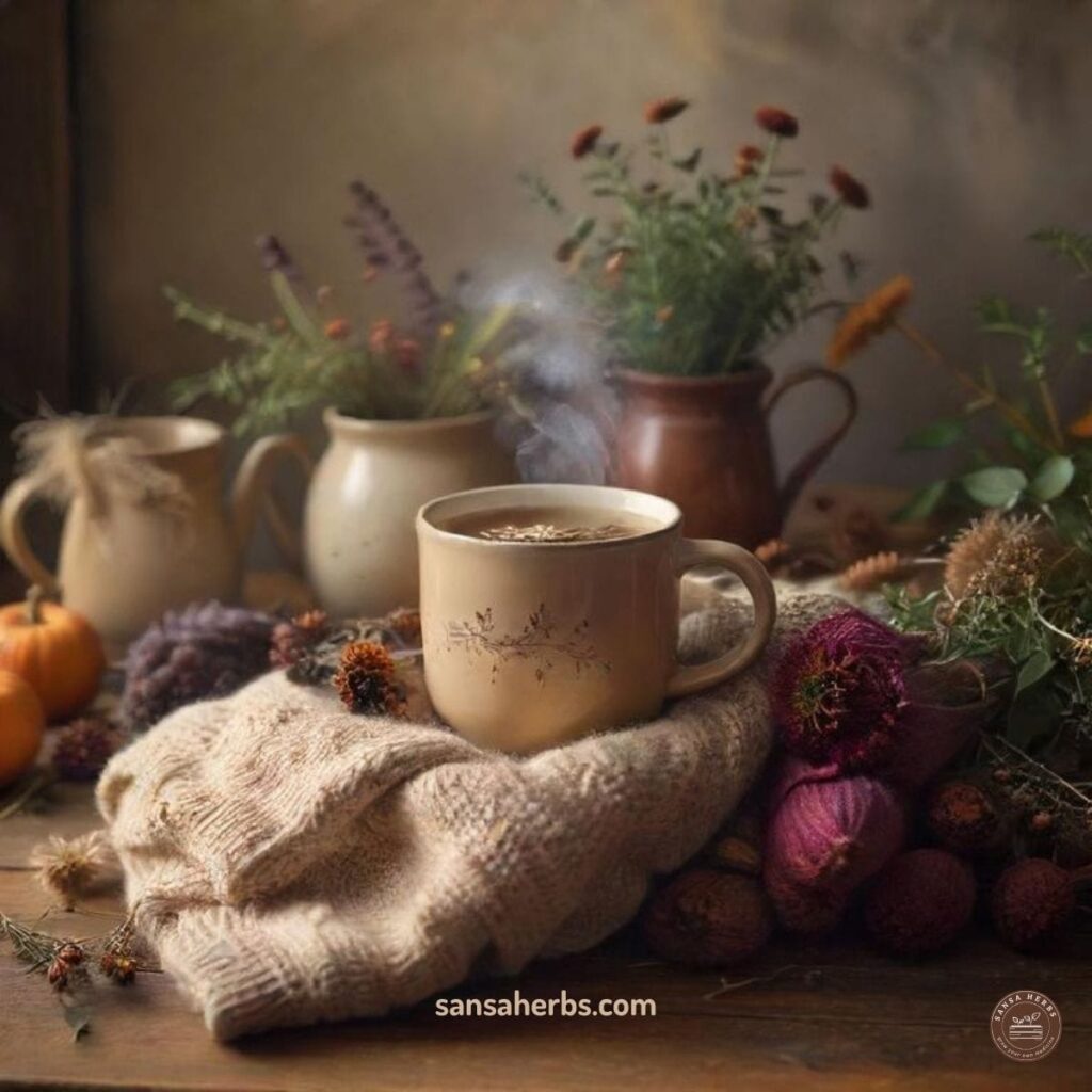 herbal-tea-for-immunity rustic wooden table with steaming herbal tea in a ceramic mug