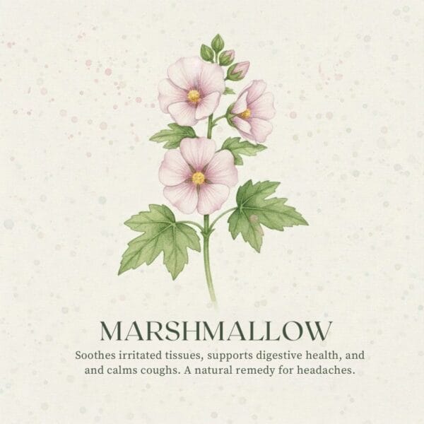 Marshmallow Soothes irritated mucous membranes in the throat, stomach, and gut. Traditionally used to relieve dry coughs and digestive discomfort.