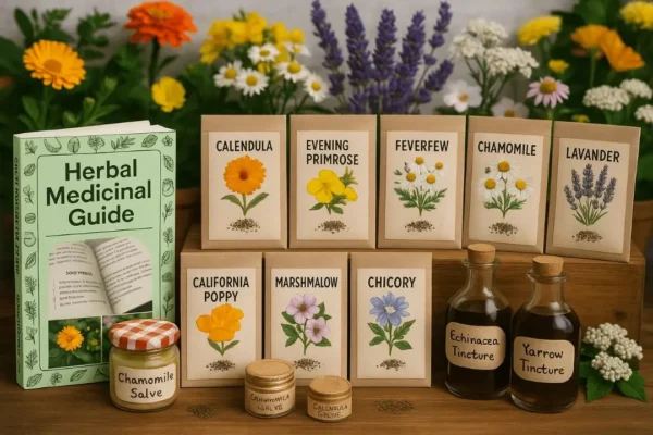 medicinal garden kit by nicole apelian including 10 seed packs for calendula, chamomile, California poppy, echinacea, evening primrose, feverfew, marshmallow, chicory, lavender, yarrow