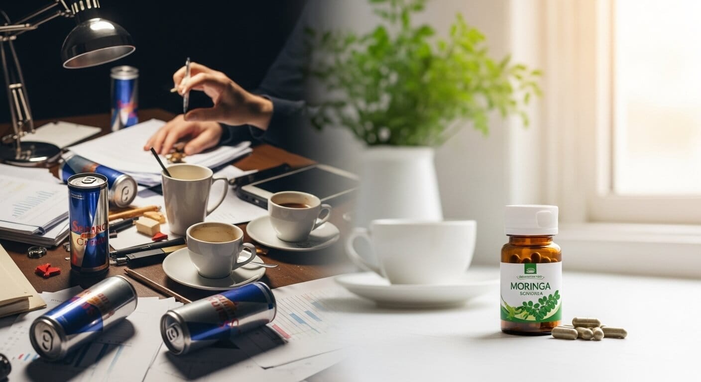 moringa for natural energy hero image of a cluttered desk with scattered coffee cups, energy drink cans, messy papers, harsh lighting and a jittery hectic mood. On the right side, a calm minimalist setup with a clean white surface, a small glass bottle of moringa capsules