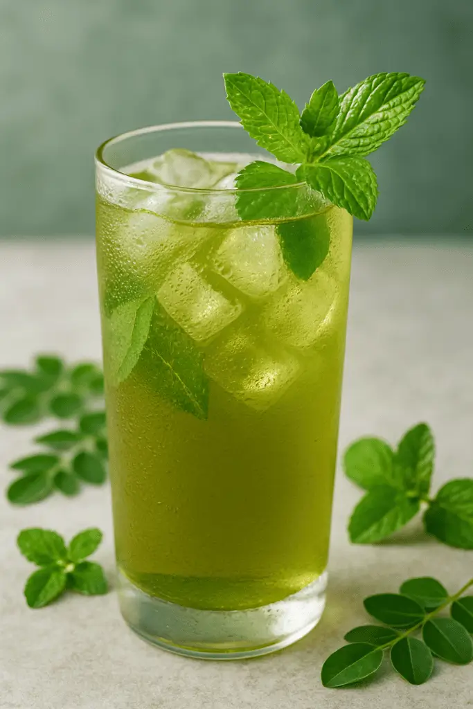 moringa-mint-ice-tea Glass of iced moringa mint tea with mint garnish and lemon slice