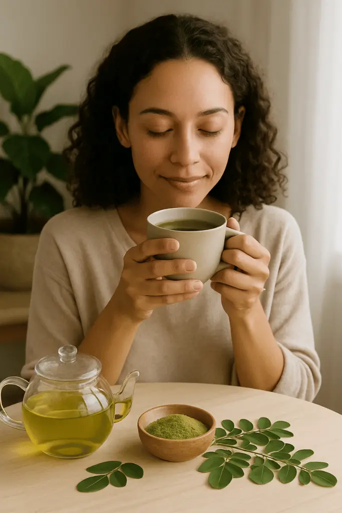 moringa-powder-menopause-relief woman sipping moringa tea