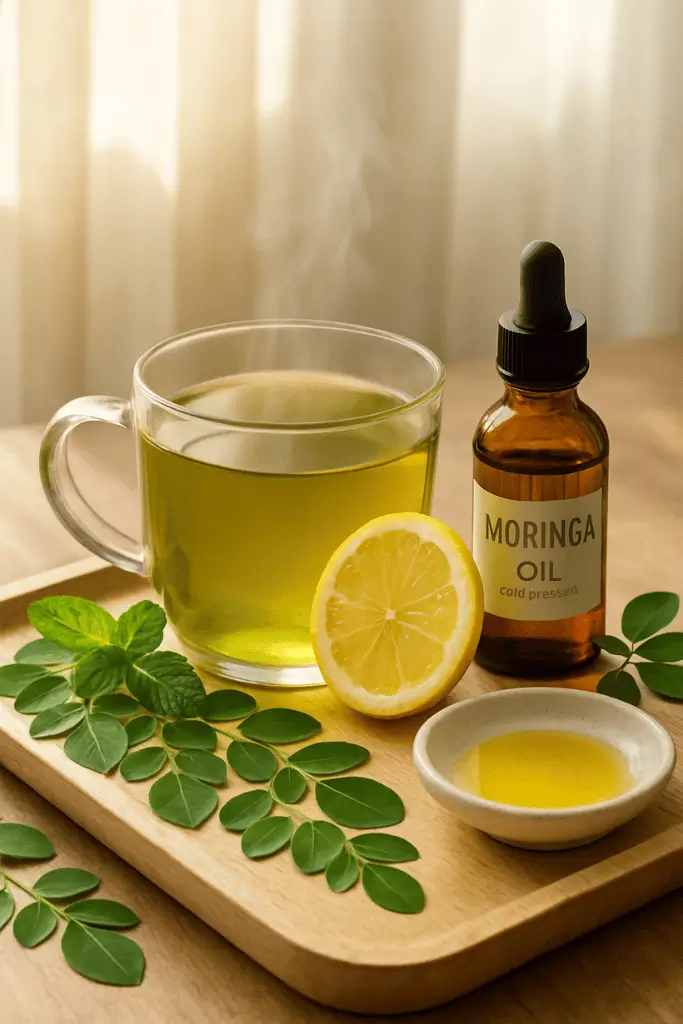moringa-tea-and-oil moringa tea paired with moringa cold pressed oil for health benefits
