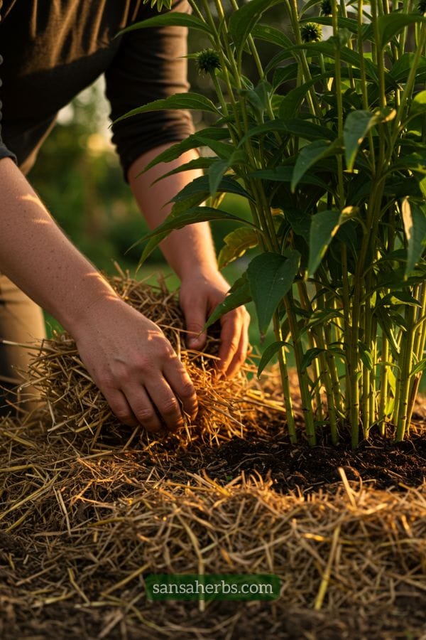 mulching-echinacea-plants mulching echinacea to protect it during winter