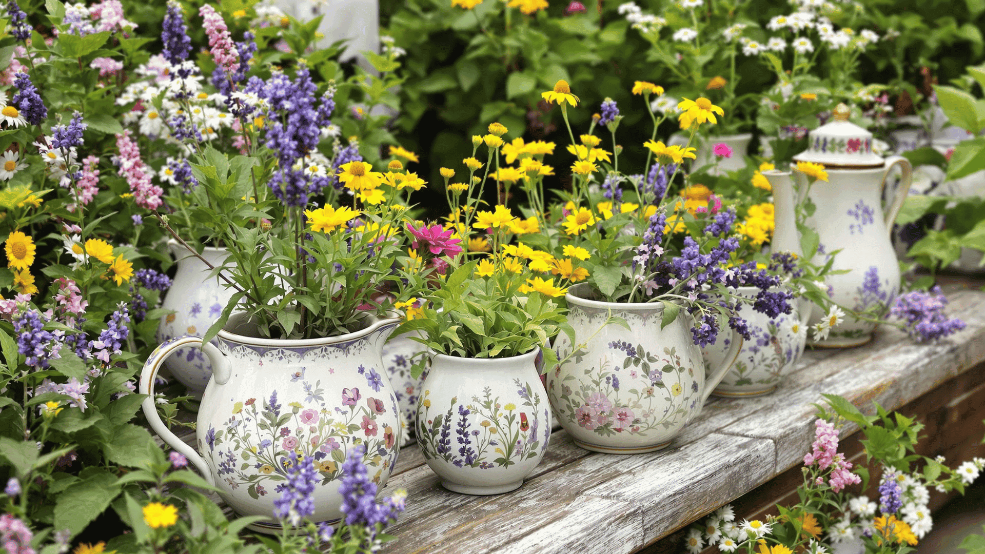 tea garden of potted plants