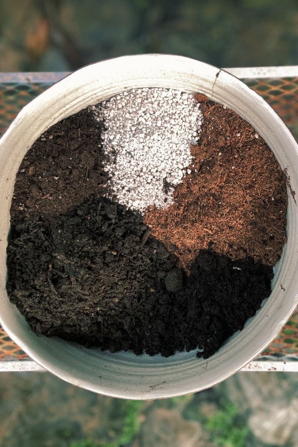 turmeric-potting-mix DIY potting mix ingredients separated in a round container: coco coir, perlite, organic compost, and garden soil